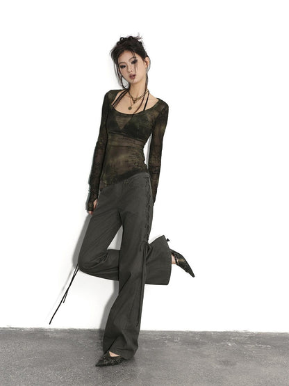 Low pixel Pure Cotton Low Waist Slim Fit Casual Women Olive Green Flared Pants