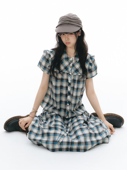NAPSNAPS Blue Plaid Ruffle Puff Sleeve Button Tie Women&