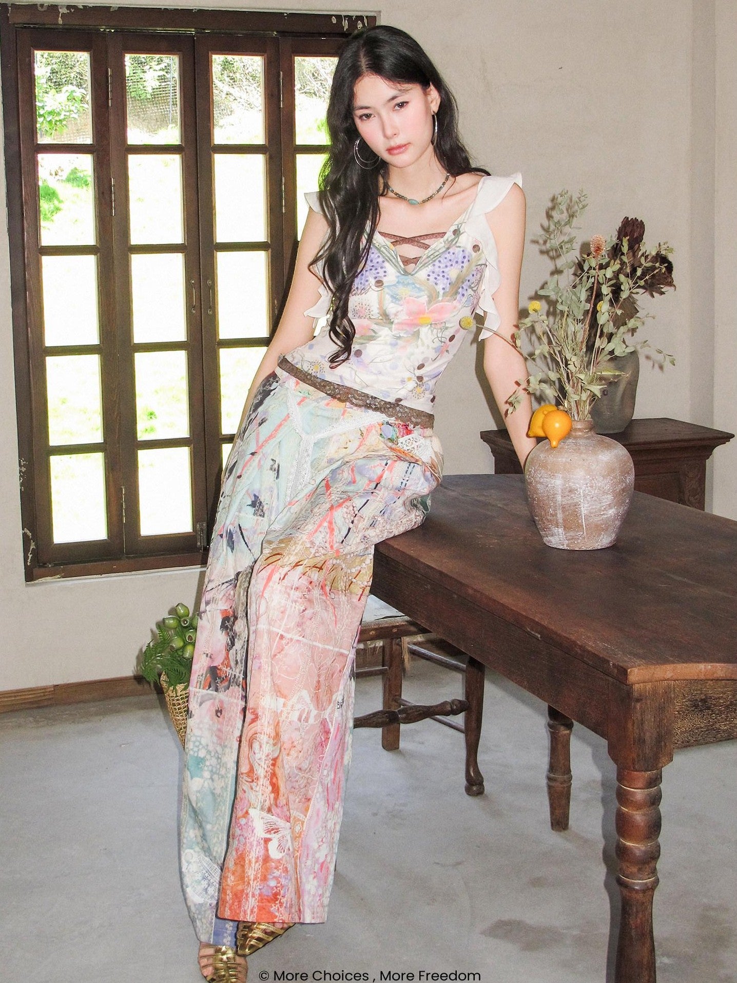 OfAkiva Handpainted Floral Ruffle Cross Tie Women&
