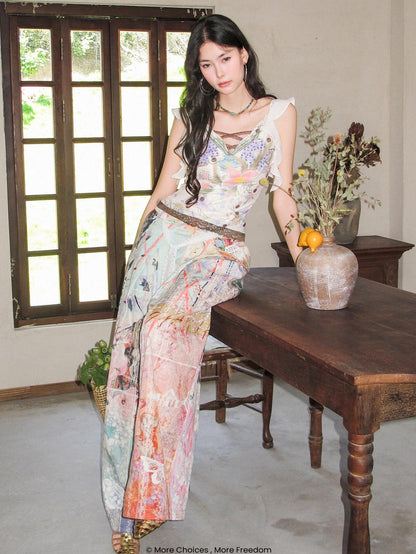 OfAkiva Handpainted Floral Ruffle Cross Tie Women&
