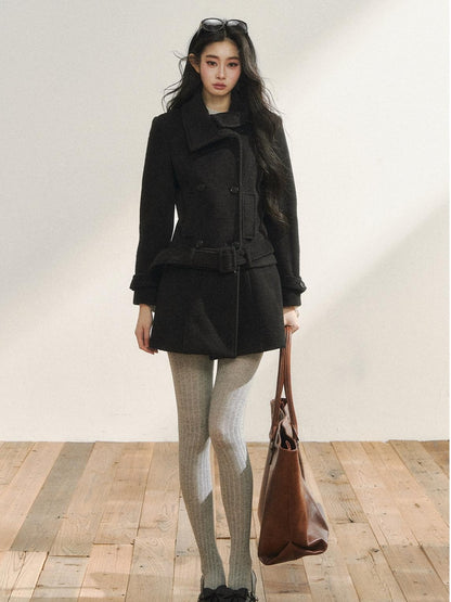 7Shiftin Detachable Wool Casual Cinched Waist Double Breasted Women Black Short Coat
