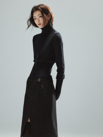 Low pixel Wool Blend Lined Patchwork Hline Slim Low Waist Black Side Zip Midi Skirts