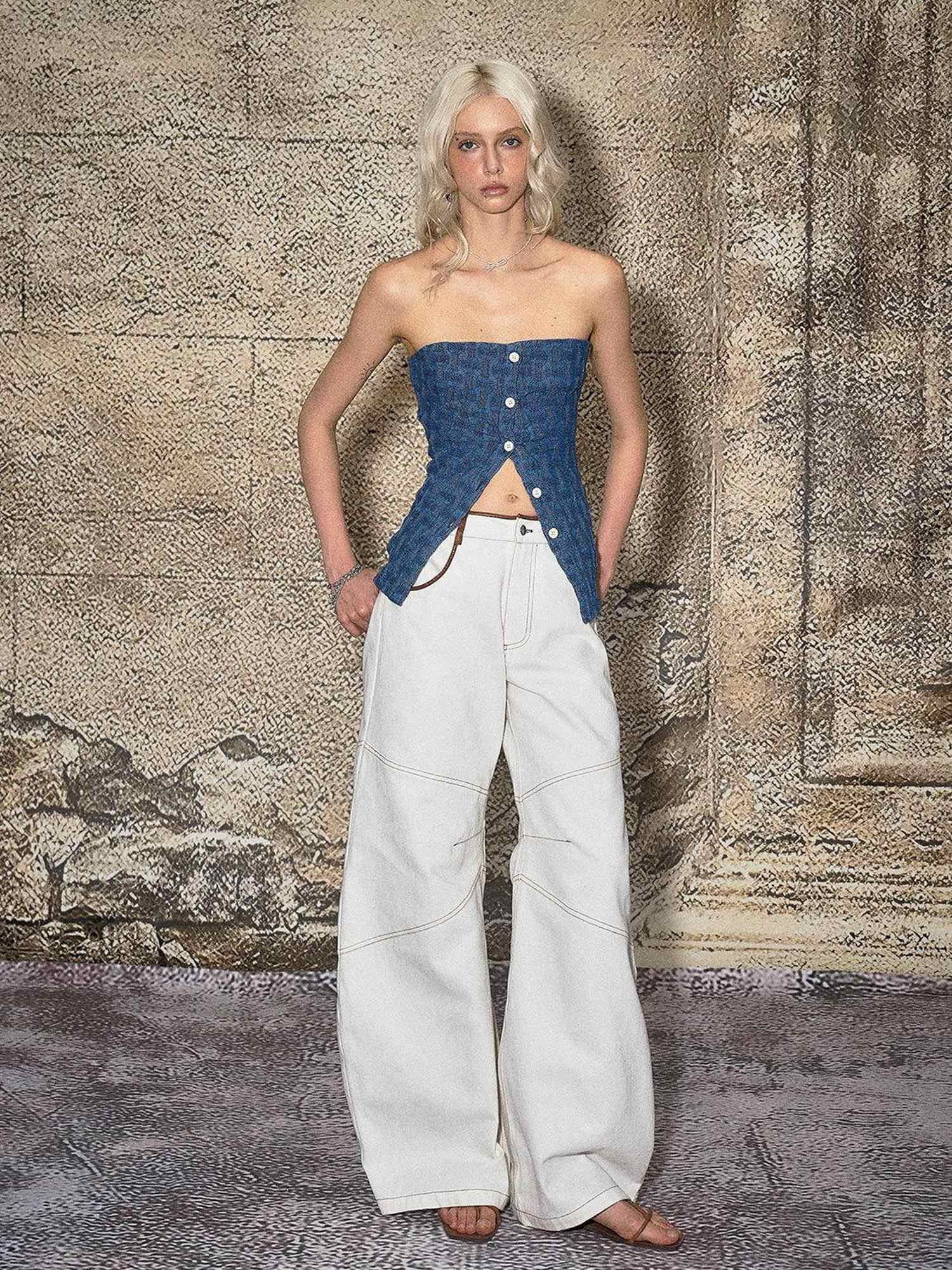 The NeverMore High Cotton Relaxed Distressed Low Rise White Denim Women Wide Leg Jeans