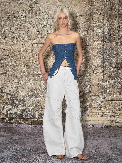 The NeverMore High Cotton Relaxed Distressed Low Rise White Denim Women Wide Leg Jeans