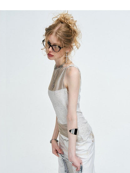 The NeverMore Original Chain Ruching 3D Buttons Slim Fit Cotton Blend Women White Tank Tops
