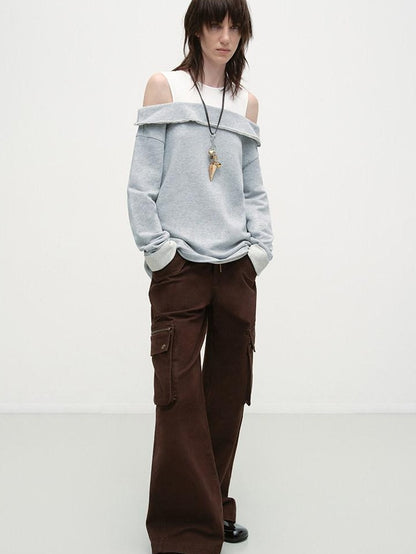 RUN TO THE FUTURE Gray White Patchwork Layered Loose Crewneck Commuter Women Pullover Sweatshirts