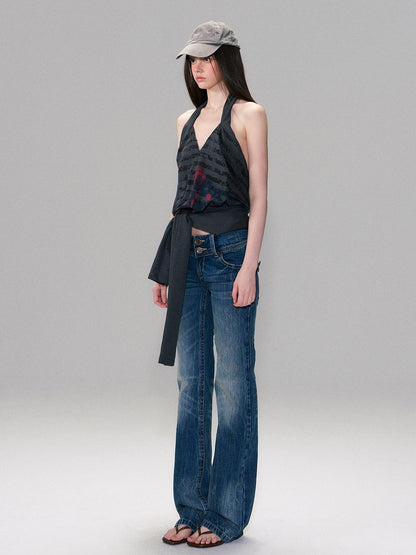 The NeverMore Slight Stretch Low Rise Slim Cotton Casual Women Deep Blue Straight Leg Jeans