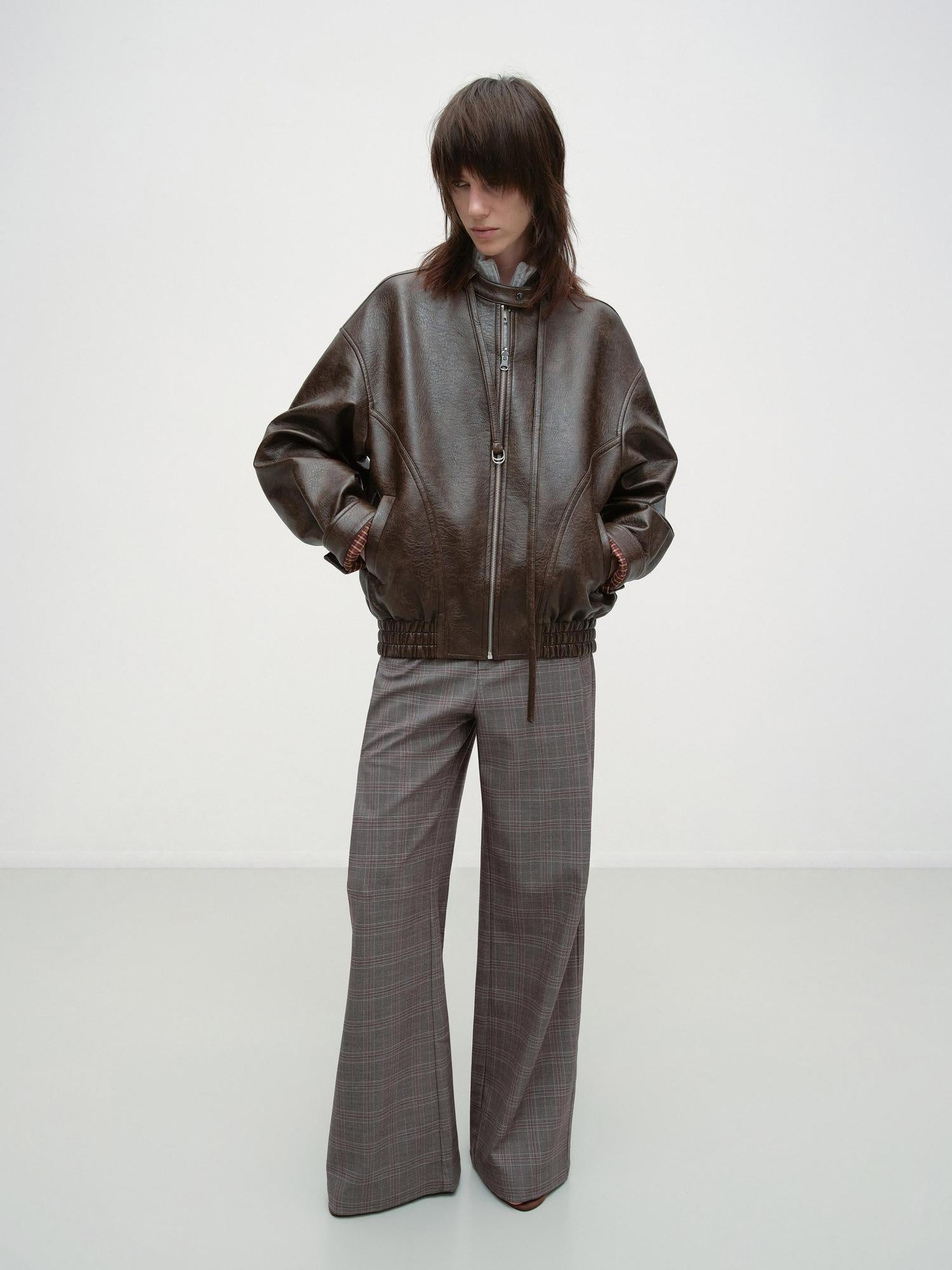 RUN TO THE FUTURE Vintage Brown Zipper Loose Fit Stand Collar Commuter Washed Leather Jackets