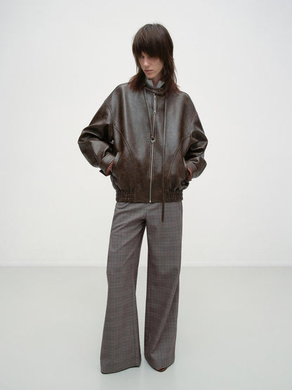 RUN TO THE FUTURE Vintage Brown Zipper Loose Fit Stand Collar Commuter Washed Leather Jackets