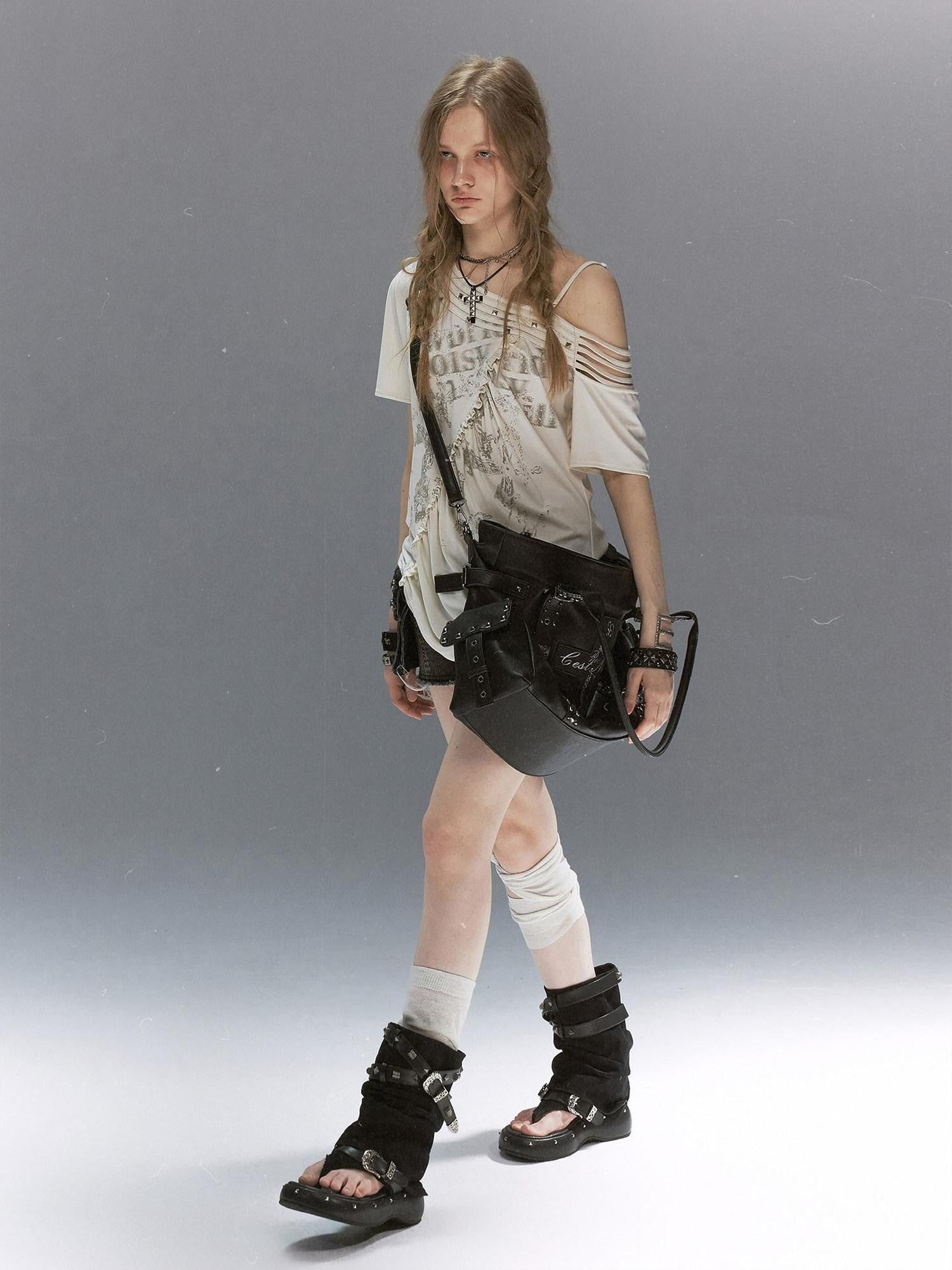 Cest Nous Grunge Punk Studded Dual Strap Detachable Women&