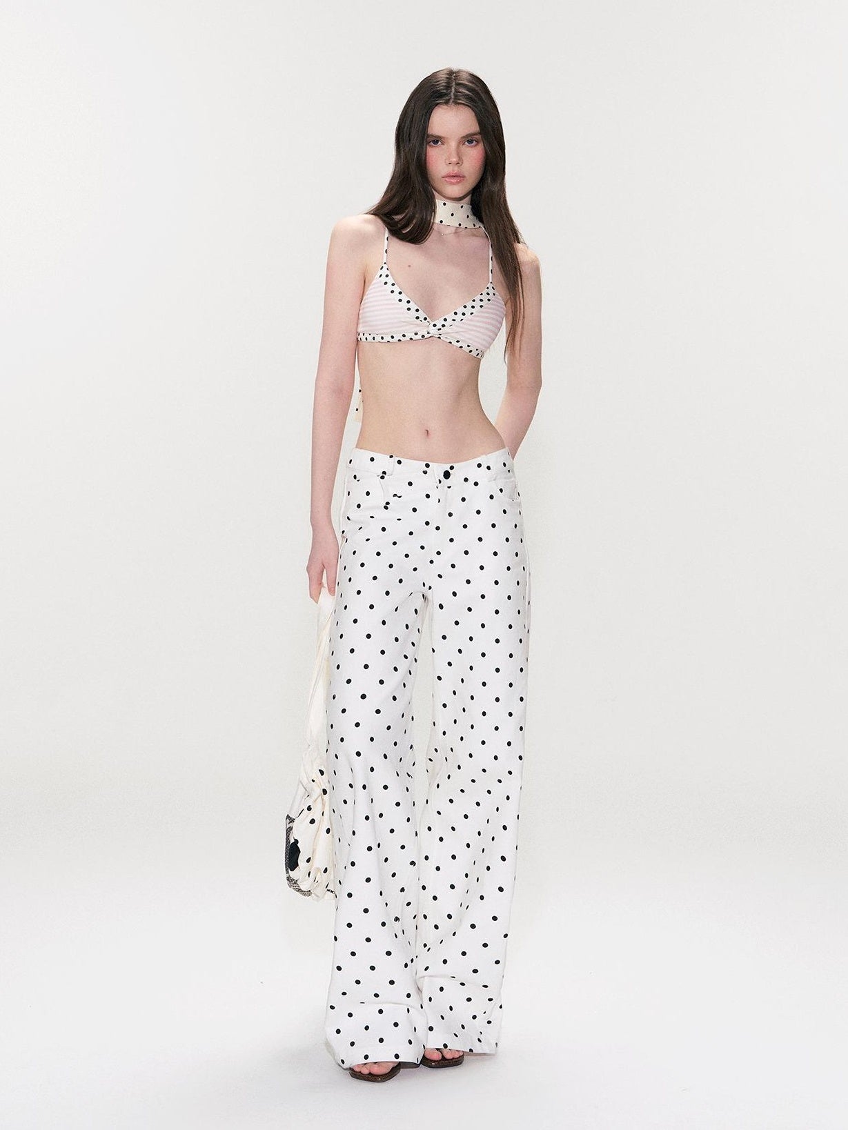 The NeverMore White Polka Dot V Waist Loose Fit Button Fly Women Denim Straight Leg Jeans