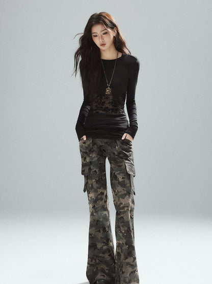 Low pixel Asymmetrical Patchwork Slim Streetwear Black Lyocell Long Sleeve T-Shirts