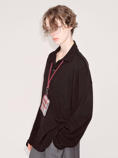 RUN TO THE FUTURE Lyocell Wool Blend Commuter Loose Fit Henley Classic Black Long Sleeve T-Shirts