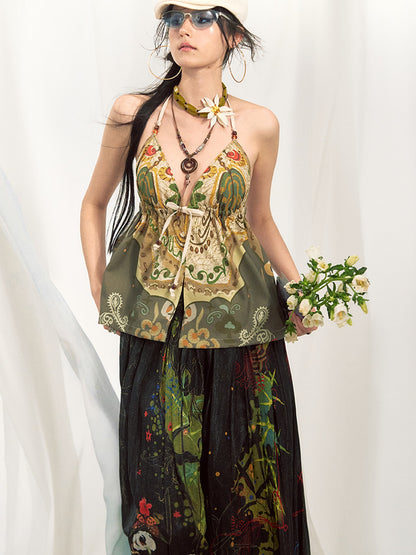 OfAkiva Bohemian Halter Tie Back Deep V Printed Slim Cropped Women&