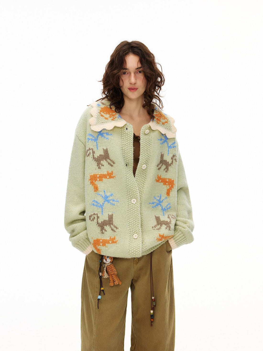 OuttheBlue Warm Acrylic Wool Commuter Loose Jacquard Mint Green Cardigans