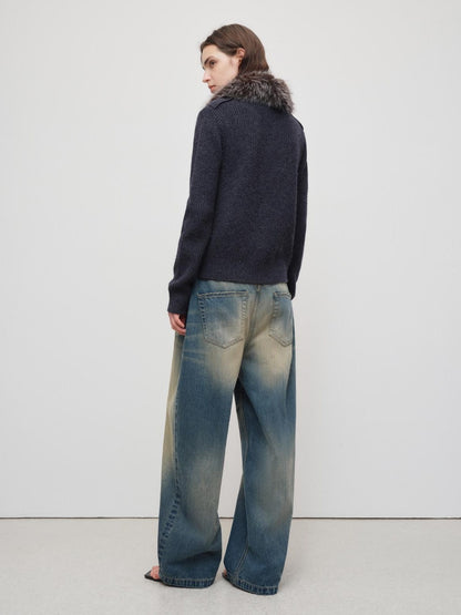 RUN TO THE FUTURE Durable Distressed Vintage Blue Low Rise Wide Leg Casual Denim Straight Jeans