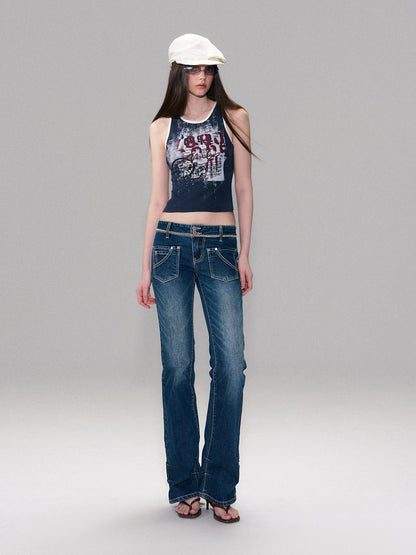 The NeverMore Soft Stretch Cotton Slim Fit Round Neck Printed Cropped Women Navy Camisoles