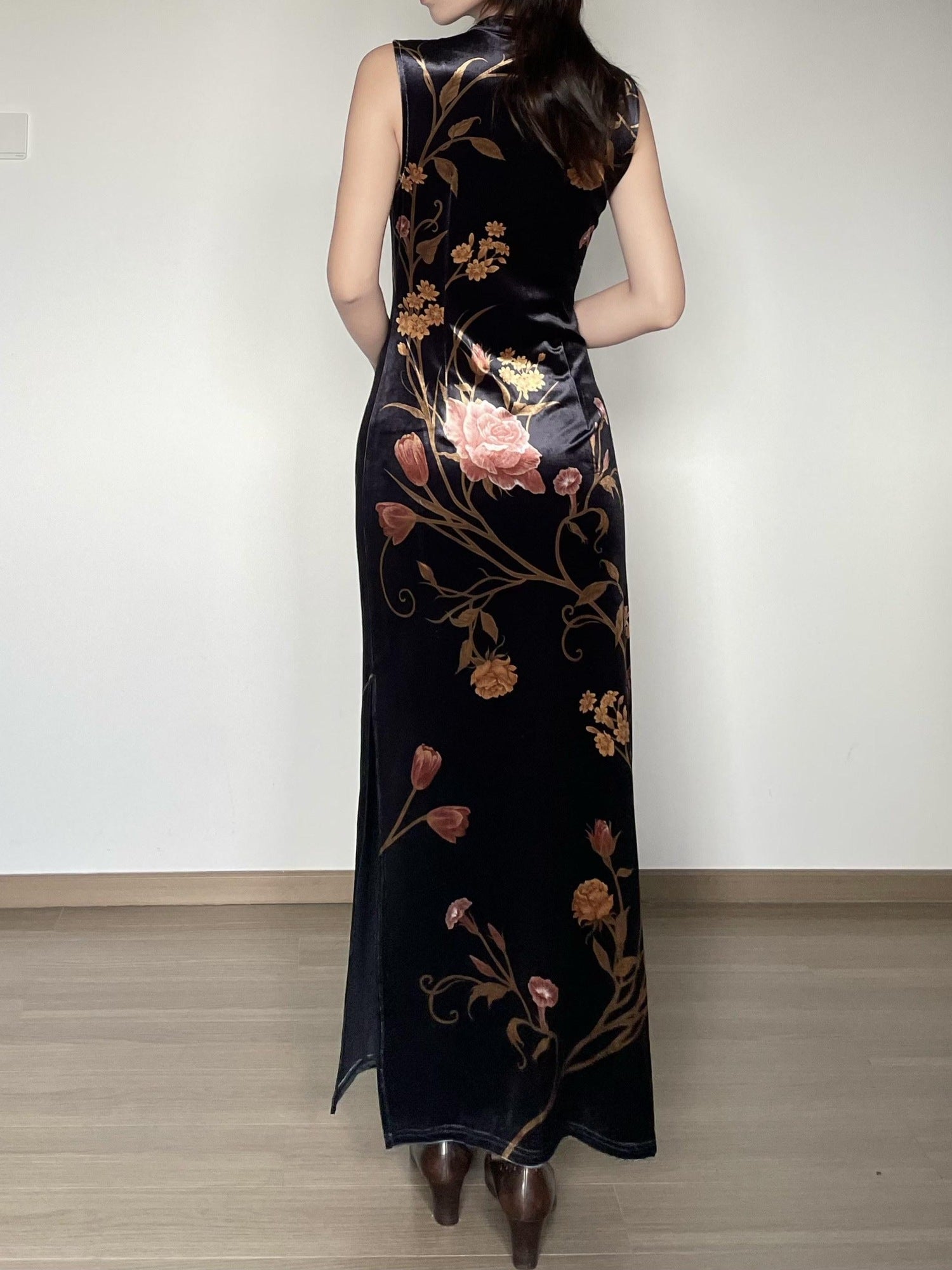 Wet Tail Breathable Floral Cheongsam Vintage Long Sleeve Everyday Casual Maxi Dresses