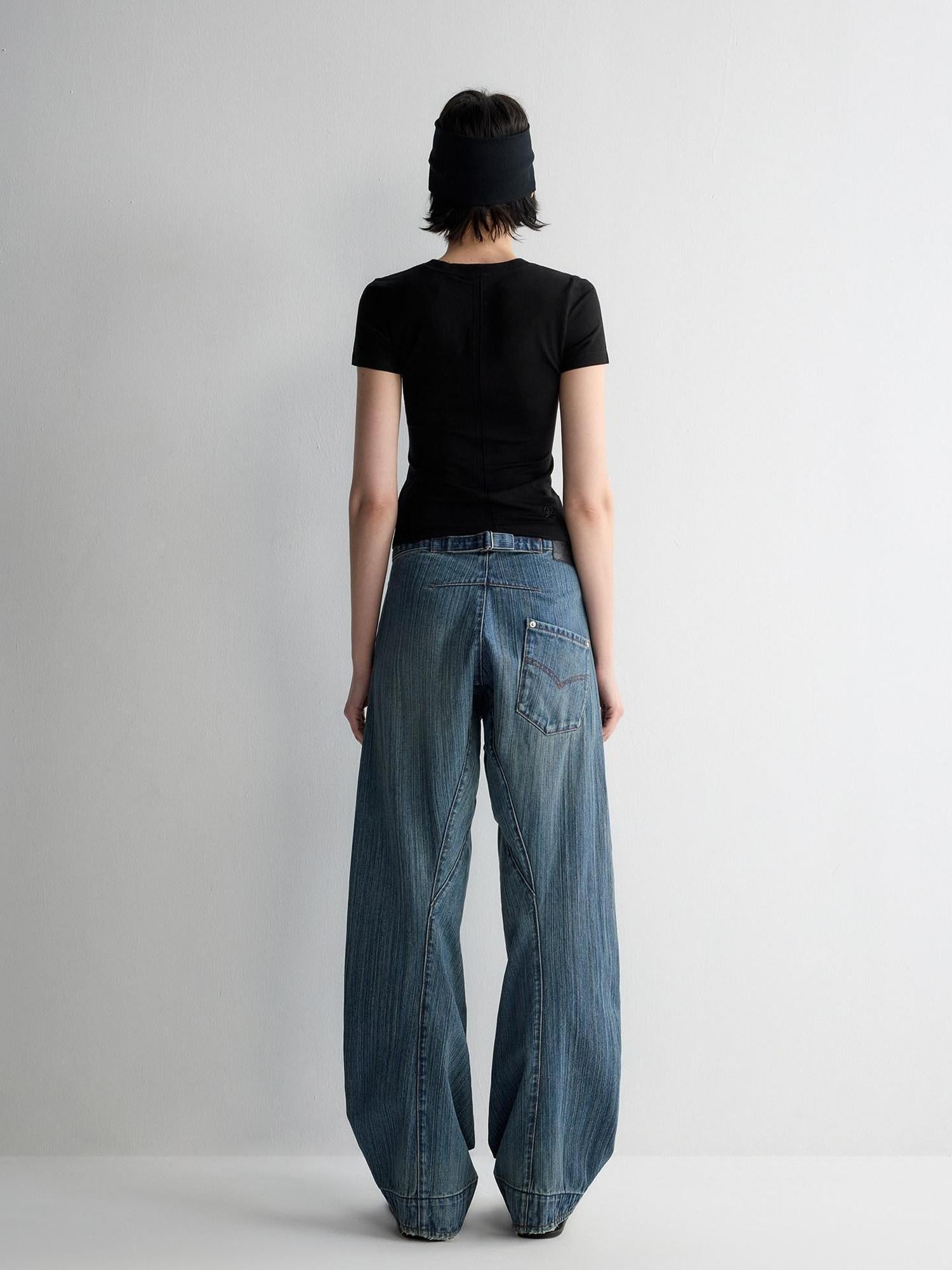 RUN TO THE FUTURE Ripped Washed Durable Low Rise Relaxed Fit Vintage Blue Wide-Leg Jeans