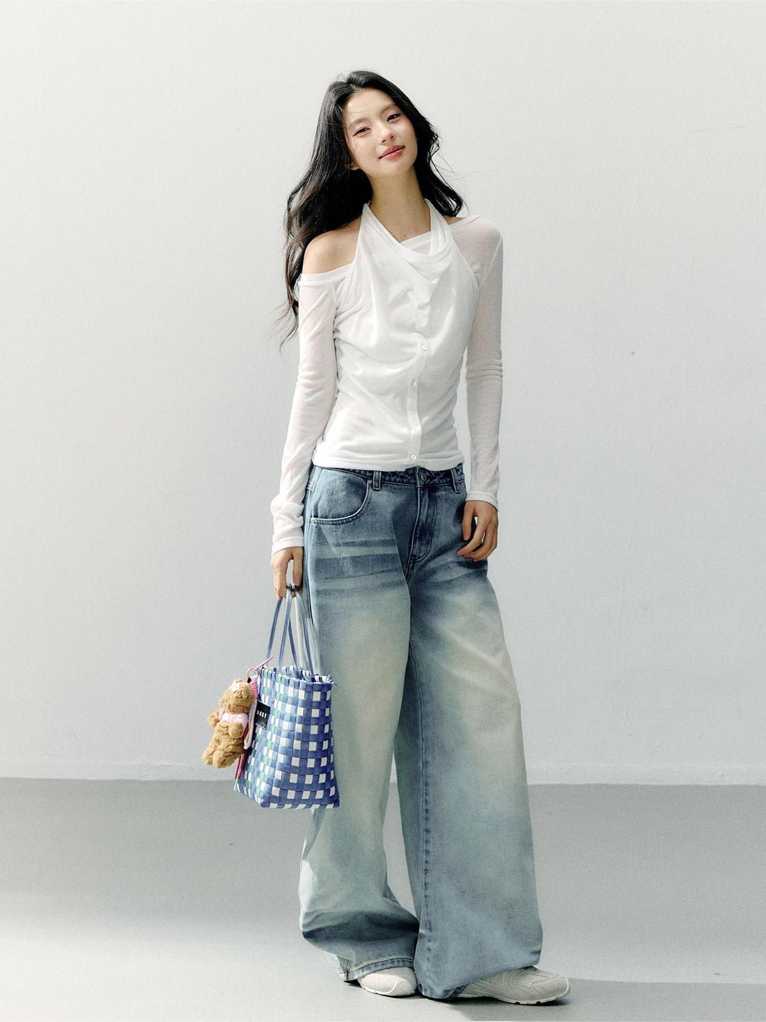 7Shiftin Washed Cotton Natural Waist Girly Zip Fly Non Stretch Blue Women Wide Leg Jeans