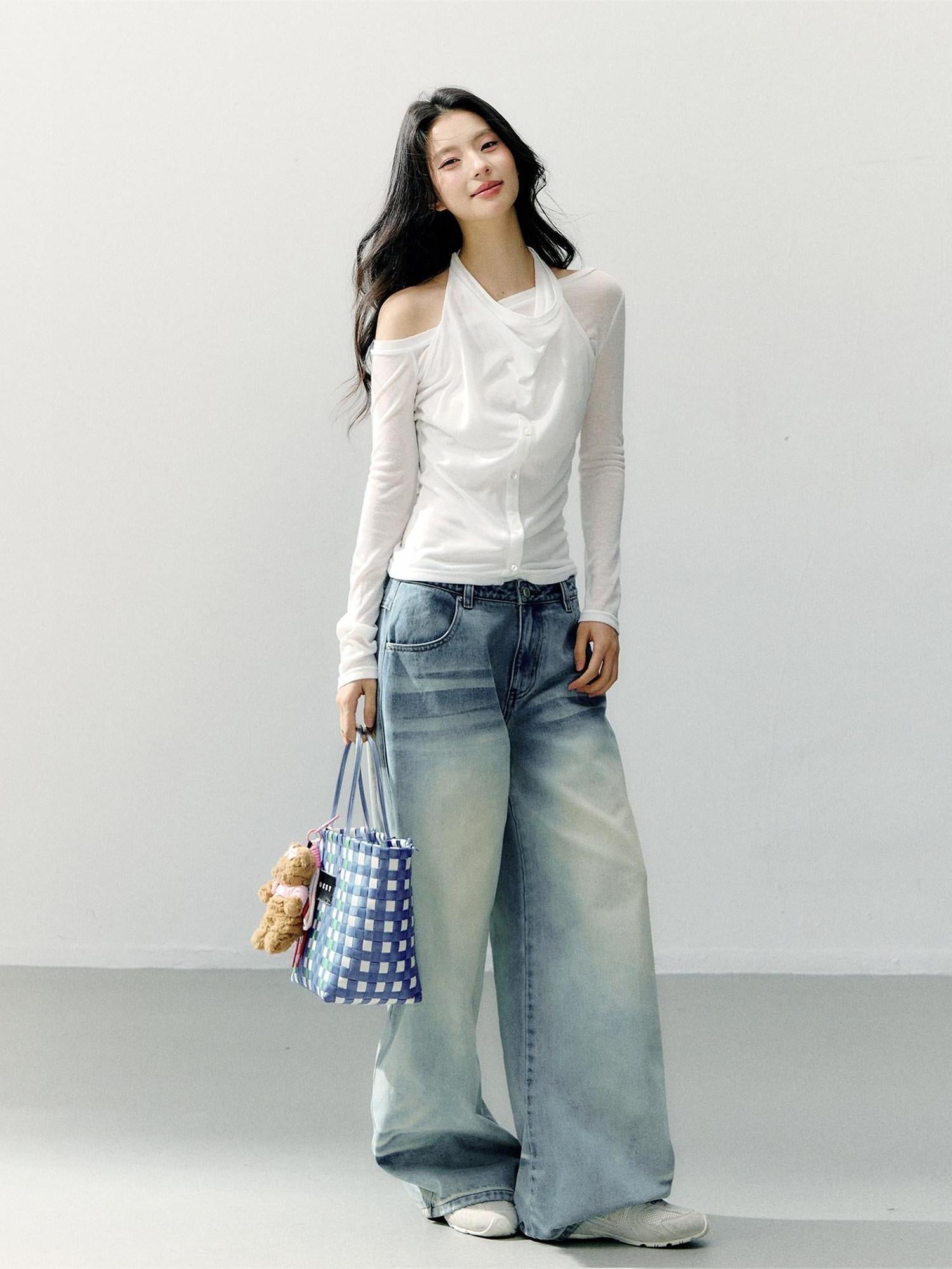 7Shiftin Washed Cotton Natural Waist Girly Zip Fly Non Stretch Blue Women Wide Leg Jeans
