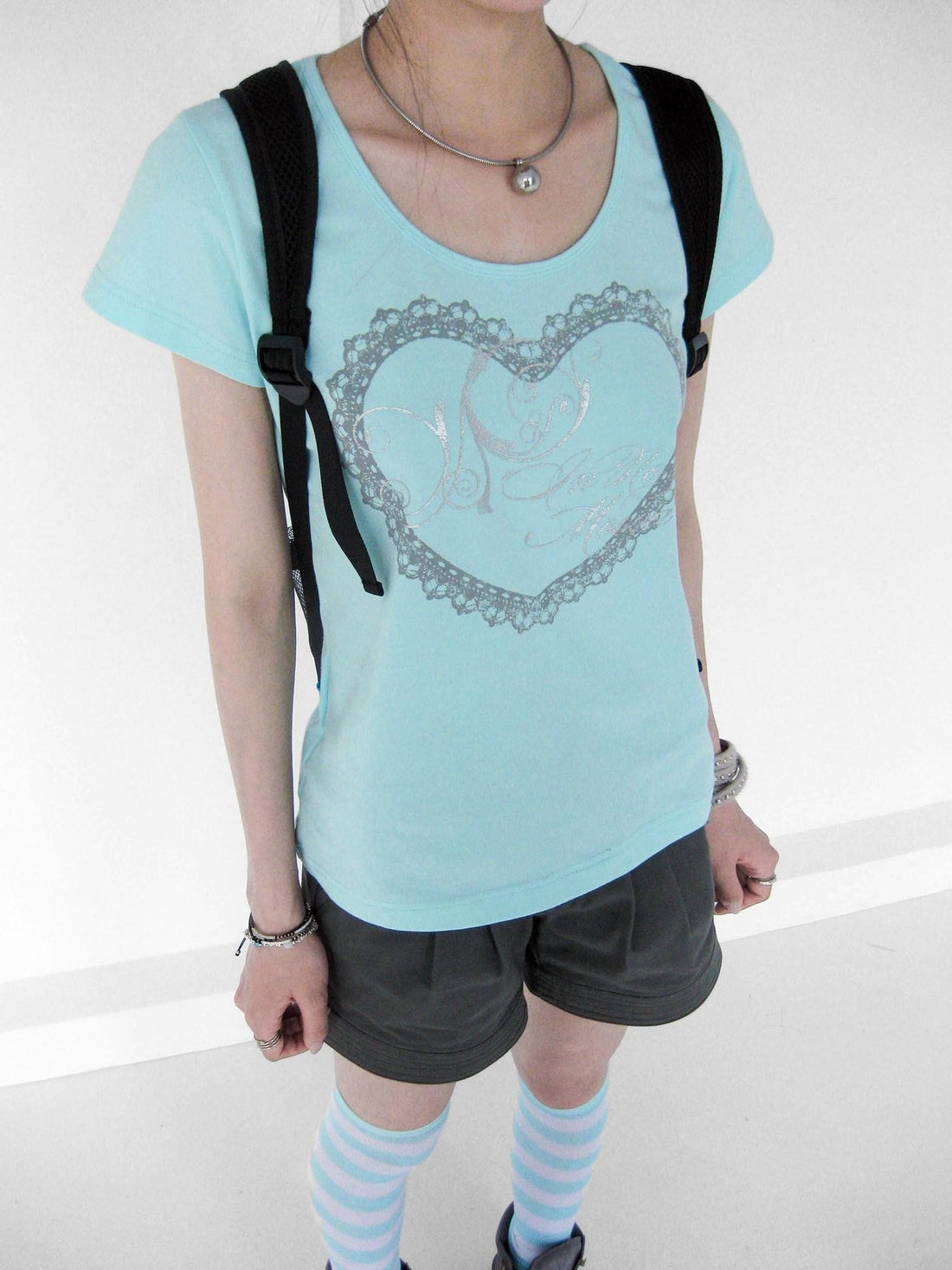 innomoood Lace Print Silver Foil Heart Lettering Women&