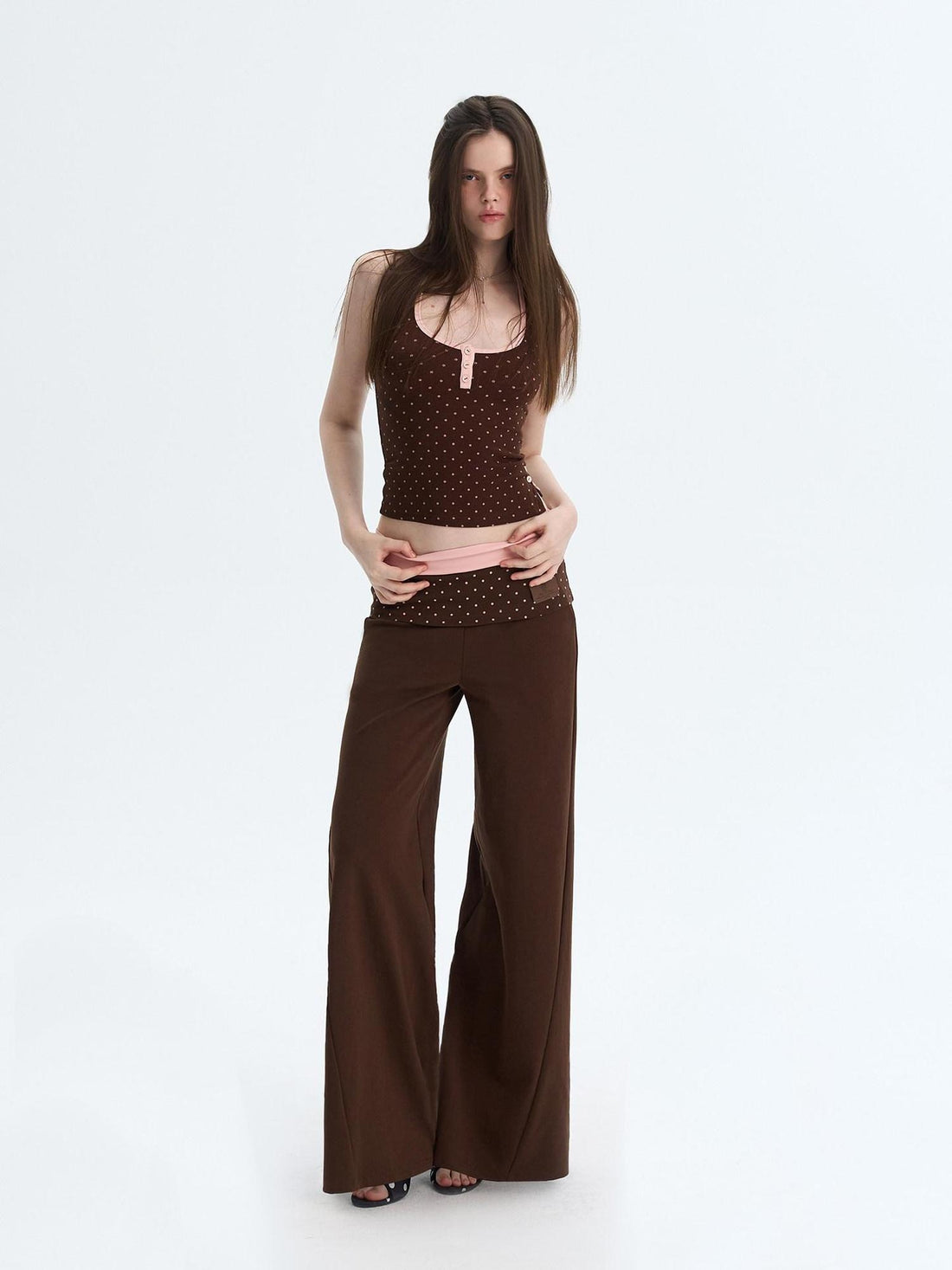 The NeverMore Polka Dot Patchwork Three Piece Long Sleeve Women Long Pants Top &amp; Pants Sets