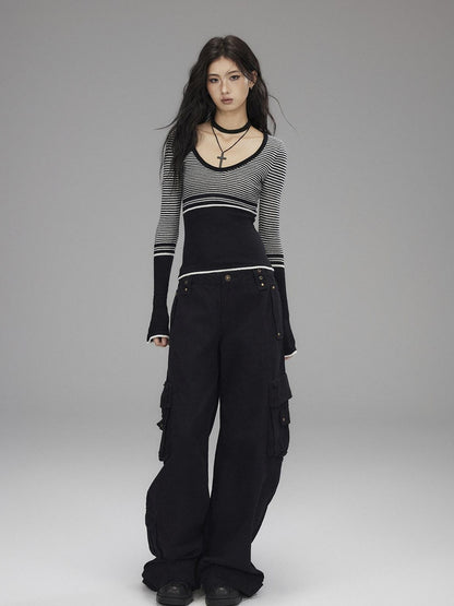 Low pixel Soft Acrylic Slim V-neck Striped Casual Women Everyday Long Sleeve T-Shirts
