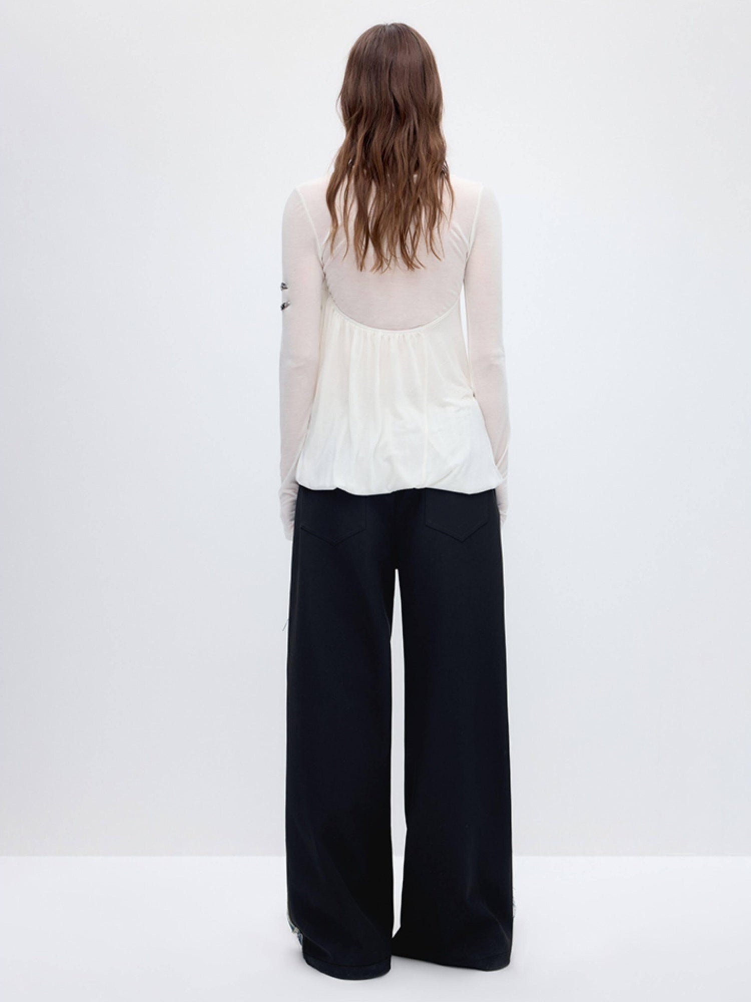 RUN TO THE FUTURE Tencel Wool Blend Pleated Commuter Slim Solid Milk White Long Sleeve T-Shirts