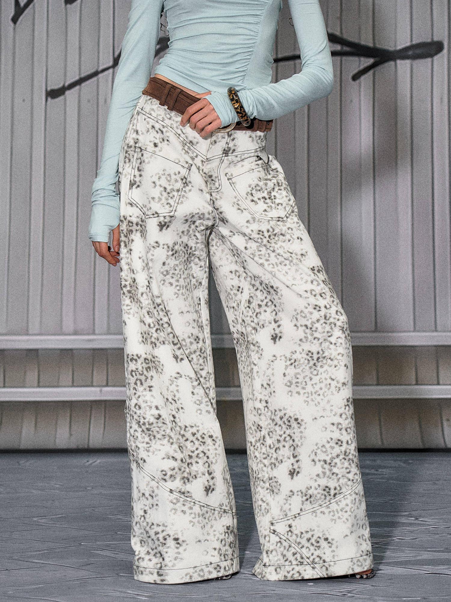 The NeverMore Leopard Cotton Zipper Natural Waist Loose Fit Sexy Women Wide Leg Jeans