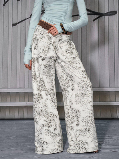 The NeverMore Leopard Cotton Zipper Natural Waist Loose Fit Sexy Women Wide Leg Jeans
