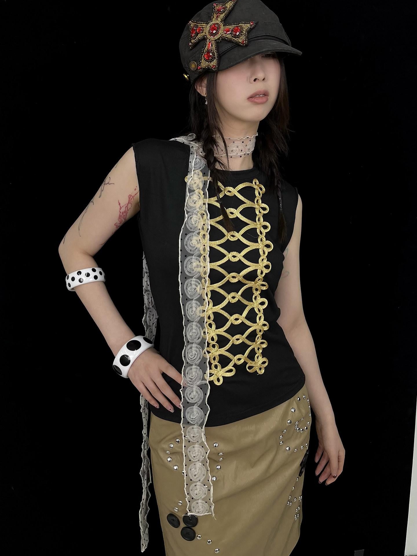 Ttsunami Floral Court Style Gold Frog Button Women&