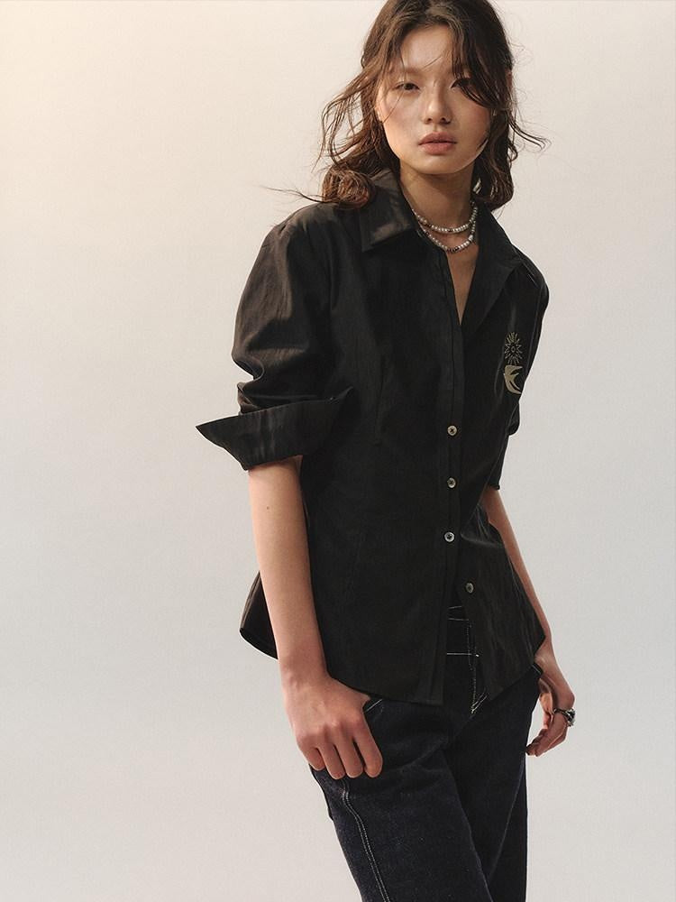 AnnoMundi Embroidered Lyocell Lace Slim Fit Double Collar Long Sleeve Women Black Blouses