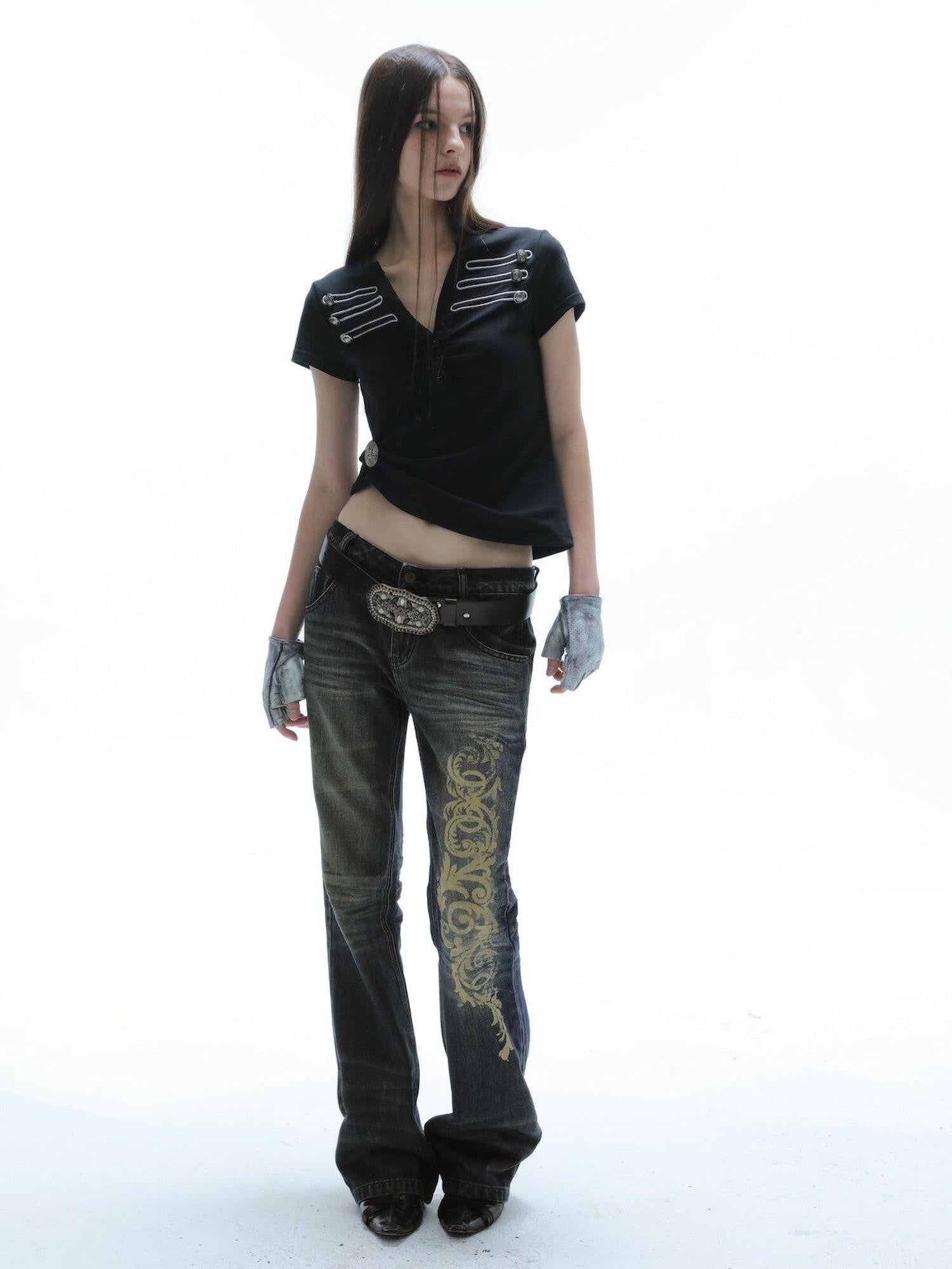 DoublePunch Baroque Print Distressed Micro Flare Women&