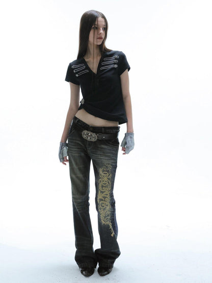 DoublePunch Baroque Print Distressed Micro Flare Women&