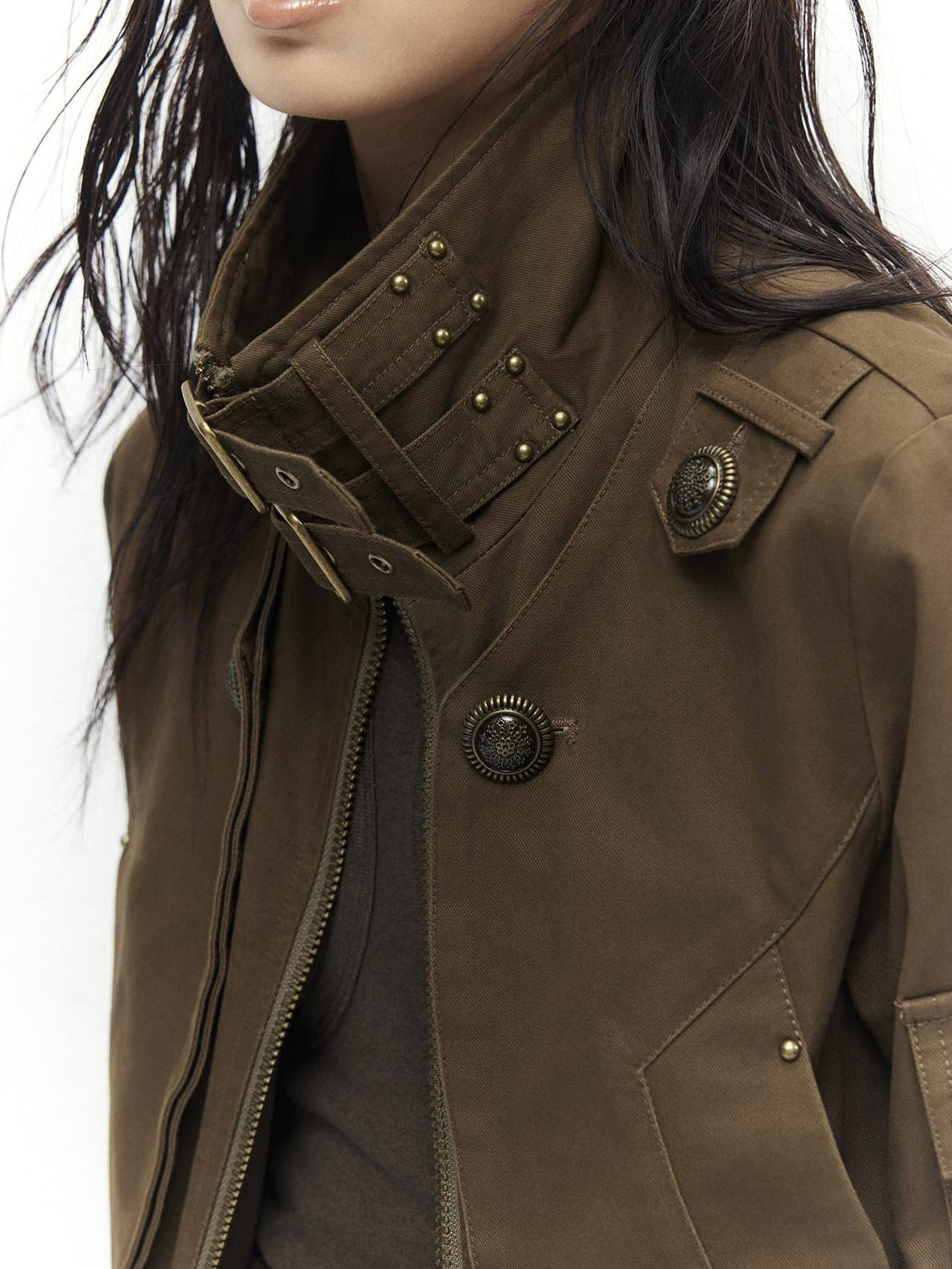 Low pixel Plush Lined Waist Cinch Dark Goth Slim Fit Women Zip High Collar Cropped Jackets