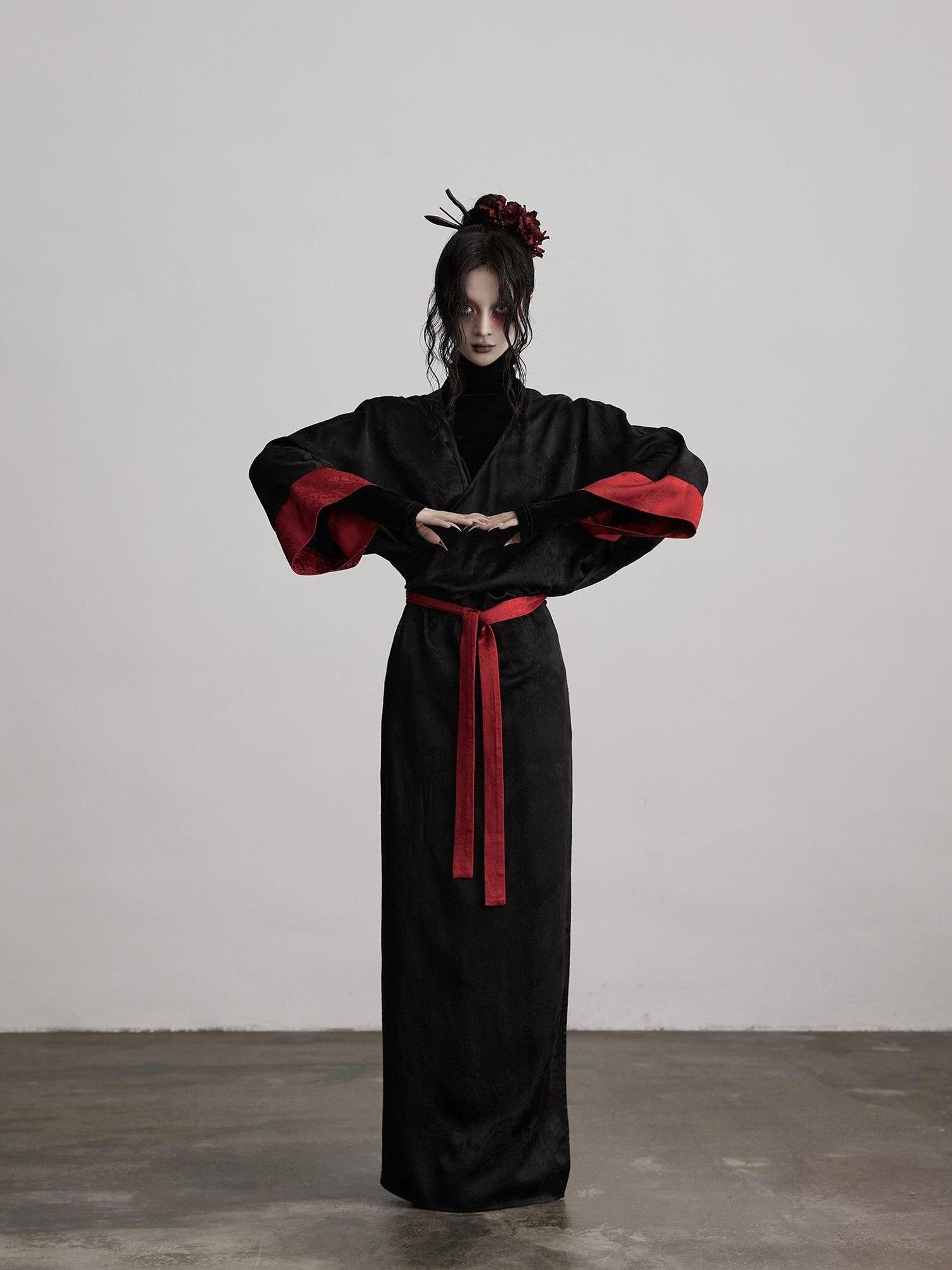 INDULGE Gothic V-neck Viscose Flared Loose Casual Womens Black Trench Coats