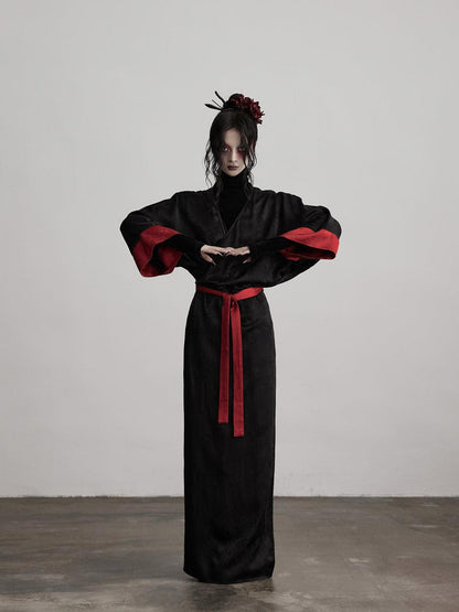INDULGE Gothic V-neck Viscose Flared Loose Casual Womens Black Trench Coats