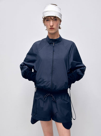RUN TO THE FUTURE Polyester Two Piece Zip Stand Collar Casual Women Navy Green Short Trousers