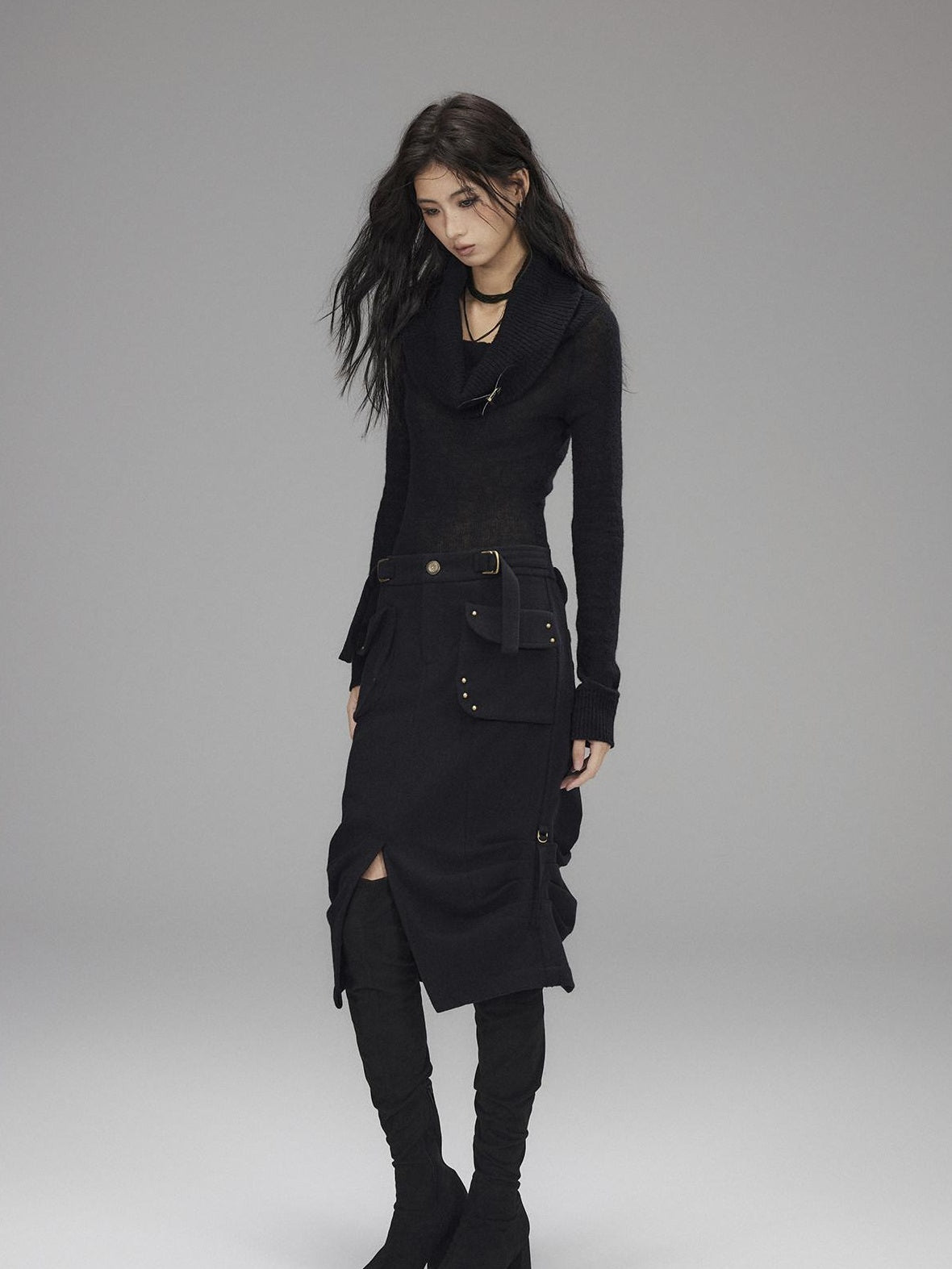 Low pixel Wool Blend Low Rise Cargo Pockets Front Slit Hline Casual Black Midi Skirts