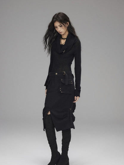 Low pixel Wool Blend Low Rise Cargo Pockets Front Slit Hline Casual Black Midi Skirts
