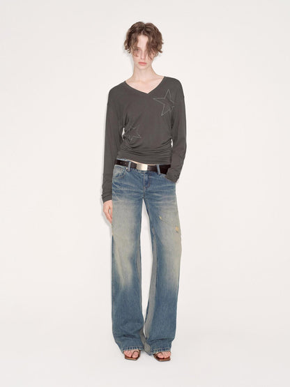 RUN TO THE FUTURE Durable Rigid Vintage Low Rise Women Zip Fly Classic Denim Blue Straight Jeans