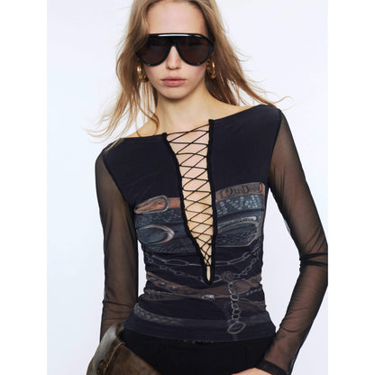 2th Desire Sexy Mesh Splice V-neck Crop Slim Tie Front For Women Print Long Sleeve T-Shirts