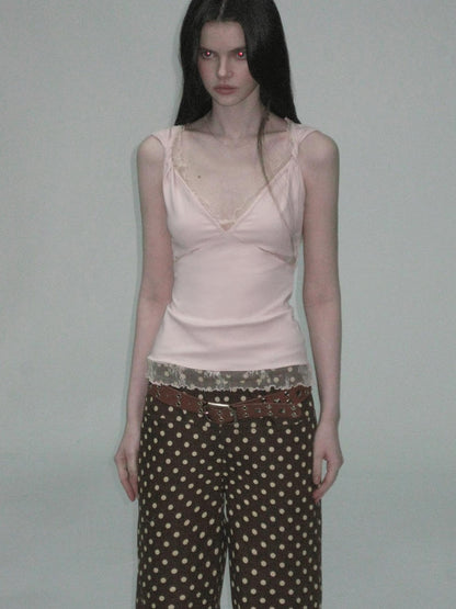 The NeverMore Soft Lace Slim Fit V-neck Stretch Cotton Tencel Women Pink Camisoles