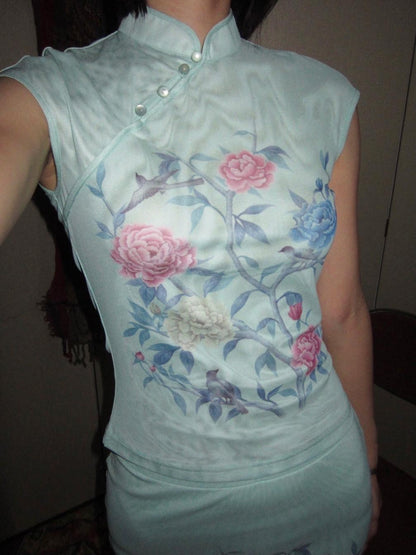 Wet Tail Stretch Polyester Fitted Cheongsam Style Women Elegant Office Blouses