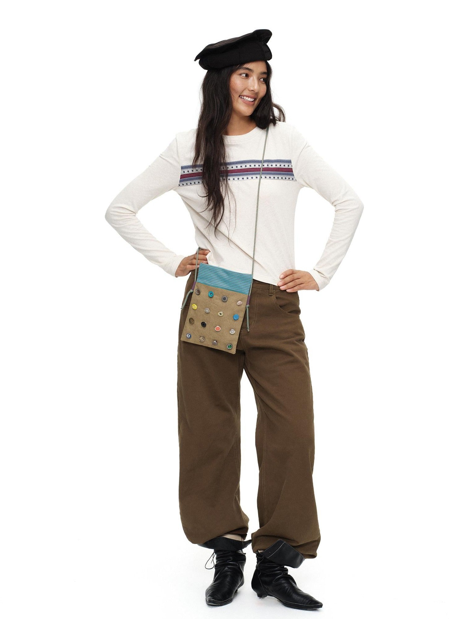 oinimi Khaki Stripe Button Badge Studded Square Women&