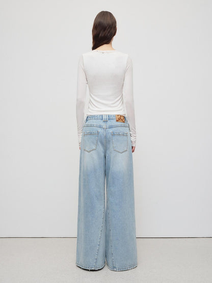 RUN TO THE FUTURE Light Blue Casual Loose Natural Waist Button Fly No Stretch Women Wide-Leg Jeans