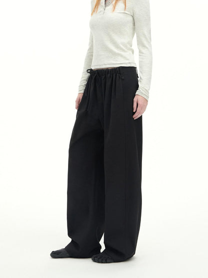 RUN TO THE FUTURE Stretch Wool Blend Casual Wide Leg Drawstring Mid Low Rise Women Black Chinos