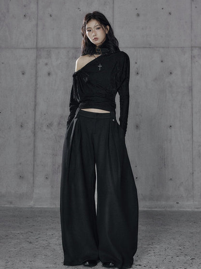 Low pixel Vintage Waist Long Sleeve Slant Neck Black Knit Women Off Shoulder Crop Tops
