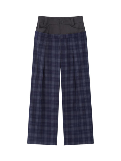 RUN TO THE FUTURE Original Double Waist Pockets Low Rise Wide Leg Women Blue Grey Plaid Chinos